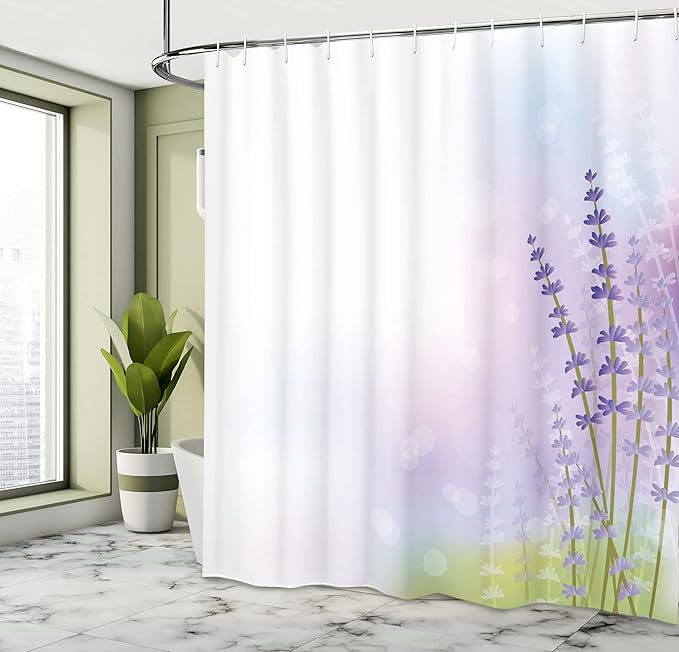 Ambesonne Lavender Shower Curtain, Nature Inspired Abstract Backdrop with Gentle Pastel Lavender Stems, Cloth Fabric Bathroom Decor Set with Hooks, 69" W x 75" L, Green Violet
