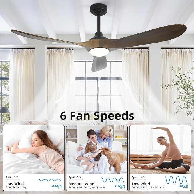 60” Outdoor Ceiling Fan with Light 3 Downrods, Smart Wood Ceiling Fan Compatible with Alexa/Google/App, 3 Blades Modern Walnut Wood Ceiling Fans for Kitchen Living Room Patio,Bronze