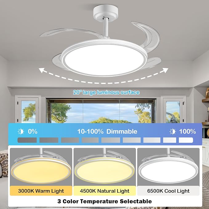 BAYSQUIRREL Slim Retractable Ceiling Fan, 42 Inch Low Profile Ceiling Fan with Remote Control, Dimmable Full Spectrum with Memory, 6-Speed Reversible Fan, White