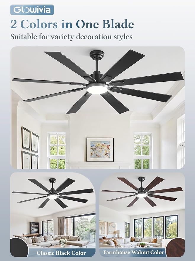 65 Inch Ceiling Fans with Lights and Remote&APP Control, Black Smart Ceiling Fan with 3000-6000K Dimmable, 6 Speeds Quiet Reversible Motor, Indoor/Outdoor Ceiling Fan for Living Room Bedroom
