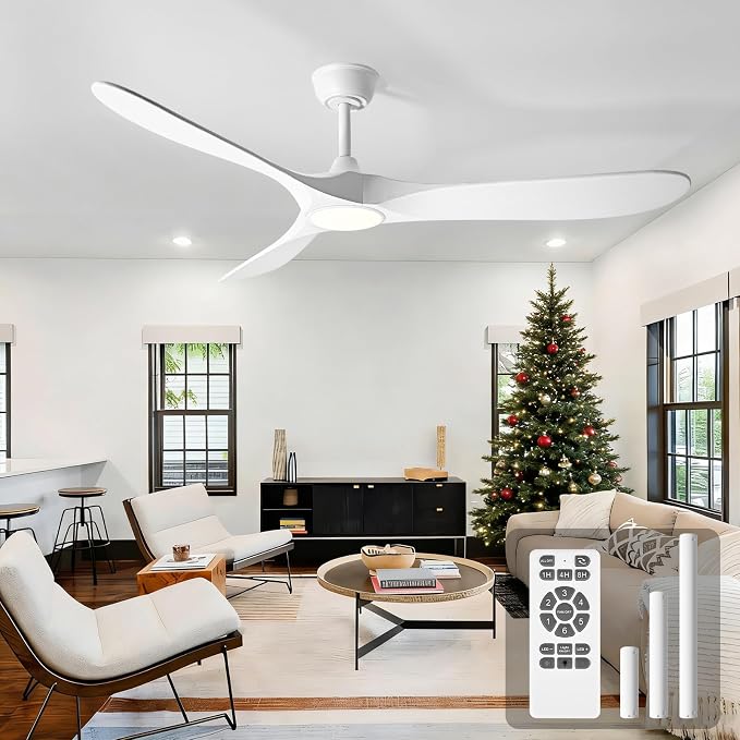 52 Inch Ceiling Fans with Lights and Remote, Wood Outdoor Ceiling Fan with 6 Speed Noiseless DC Motor, Indoor Modern 3 Blade Propeller Ceiling Fan for Bedroom Living Room Gazebo Patio (White)