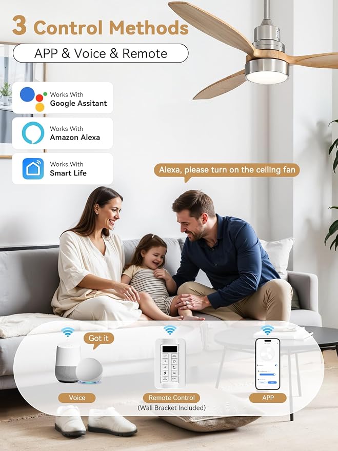 Sofucor 52 Inch Smart Ceiling Fans with Lights and Remote, 3 Blade Modern Wood Ceiling Fan Works with App/Alexa/Google, for Bedroom Living Room Patio Porch