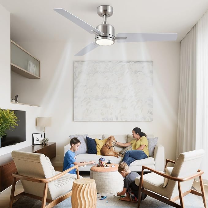 Newday 48 Inch Ceiling Fans with Lights Remote, Brushed Nickel Ceiling Fans Dimmable 3 Color Temperature, Timer, 3 Blades, 6 Speed Modern Fan Quiet Reversible DC Motor for Indoor or Covered Outdoor