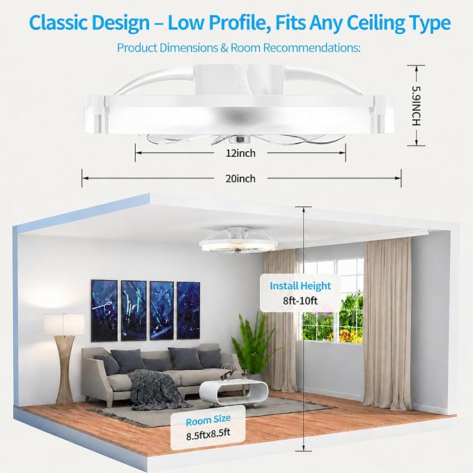 Ceiling Fans with Lights and Remote, 20'' Low Profile Ceiling Fan, 1-6 Wind Speeds, 3000-6500K Dimmable Flush Mount LED Fan Light, Modern Fandelier Ceiling Fans for Bedroom