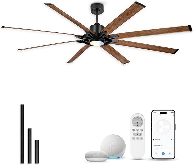 84 Inch Large Ceiling Fan with Light, Industrial Ceiling Fan with 8 Aluminum Blades, Compatible with Alexa, 6-Speed Reversible DC Motor, Ideal for Covered Indoor Outdoor Spaces, ZCCF05AWD-84