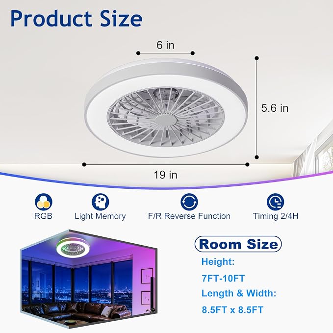 Depuley RGB Ceiling Fan with Light: 19" Enclosed Low Profile Flush Mount LED Ceiling Fans with Remote Control - Modern White Bladeless Fandelier Dimmable Quiet DC Motor for Bedroom KTV Room