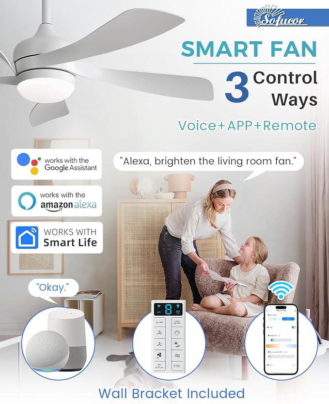 Sofucor 42" Smart Ceiling Fan, Indoor/Outdoor White Ceiling Fans with Lights and Remote, Works with Alexa/Google/App, 3-Color Light 6-Speed Timing Reversible DC Motor for Bedroom Living Room Patio