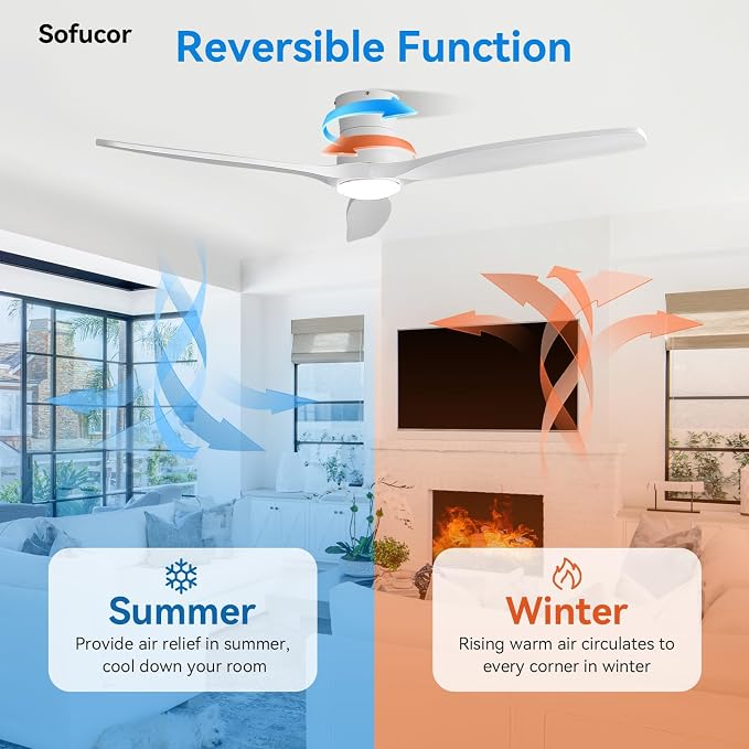 Sofucor 52" Smart Ceiling Fan, Solid Wood Ceiling Fan with Lights and Remote, Flush Mount Ceiling Fan Works with Alexa/Google/App, Dimmable 6-Speed Timing Reversible DC Motor for Bedroom Living Room