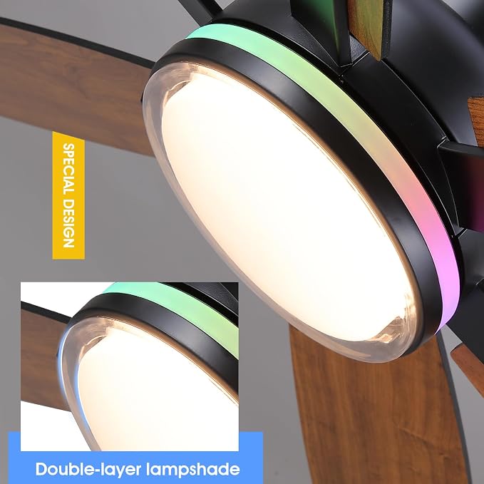 Kviflon 52" Ceiling Fans with RGB Lights, Low Profile Ceiling Fan with Remote/APP Control, Flush Mount, Double-Sided 6 Reversible Blades, RGB+3CCT Dimmable Lights, Double Lampshade for Bedroom, Brown