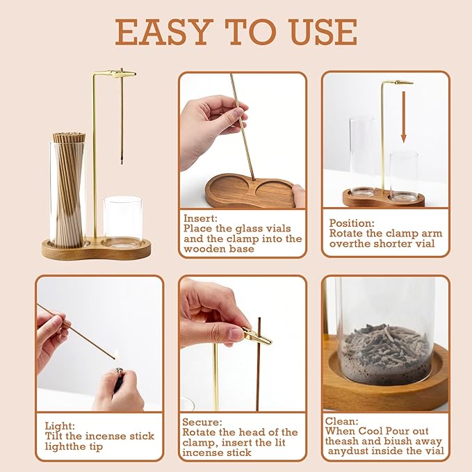 2 in 1 Incense Holder, Wooden Incense Holder for Sticks with Glass Ash Catcher Anti-Ash Flying Upside Down Insence Stick Burner for Meditation Yoga Spa Room Decor (Gold, 7.87“+2.75”)