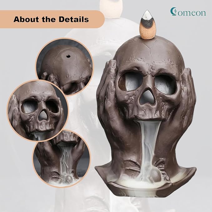 Comeon Skull Decor Incense Stick Holder Reverse Flow Censer Waterfall Burner Set + Backflow Incense Cones, Incense Sticks, Tweezers, and Mat