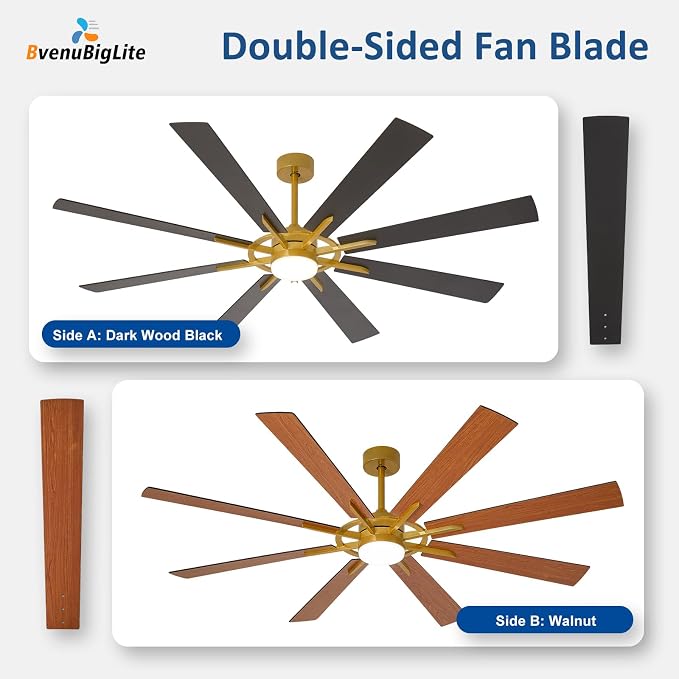Large Ceiling Fans with Lights: Modern 72 Inch 8 Blade Outdoor Ceiling Fan with Remote APP Control - Dimmable Black Gold Big Fan light Indoor Reversible 6 Speed Quiet DC Motor