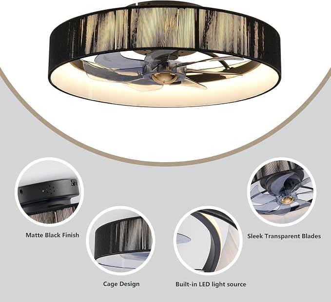 20" Flush Mount Caged Ceiling Fan with Lights, Low Profile Fandelier with Remote/App Control, 6 Speeds Dimmable LED Ceiling Fan, Fabric Farmhouse Style for Bedroom Kitchen Living Room（Black）