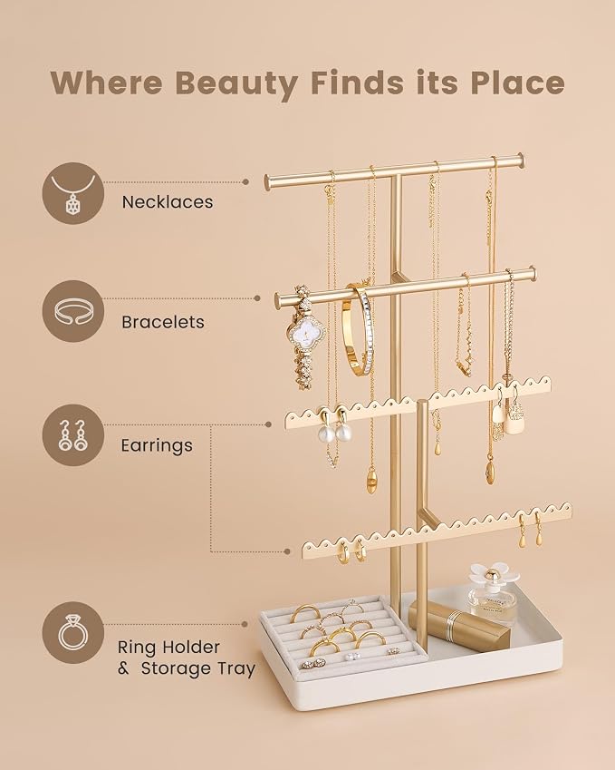 Lolalet 4-Tier Jewelry Organizer Stand, Metal Jewellery Holder, Dresser Display Rack for Necklace Earring Bracelets Rings, Gift for Women Girls -Gold