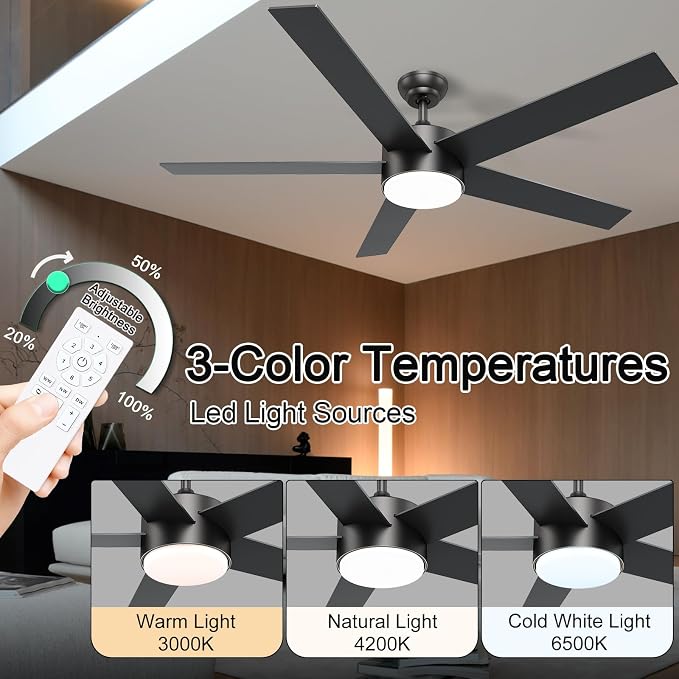 POCHFAN 60 Inch Black Ceiling Fans with Lights and Remote Control, Quiet Modern Ceiling Fan for Bedroom,Living Room, Dining Room,Dimmable 3-Color Temperatures 6-Speed