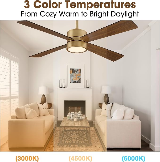 52 Inch Gold Ceiling Fan with Lights and Remote, Modern Ceiling Fan with APP Control, Reversible DC Motor, Dimmable, White & Walnut Blades for Bedroom, Living Room, Dining Room