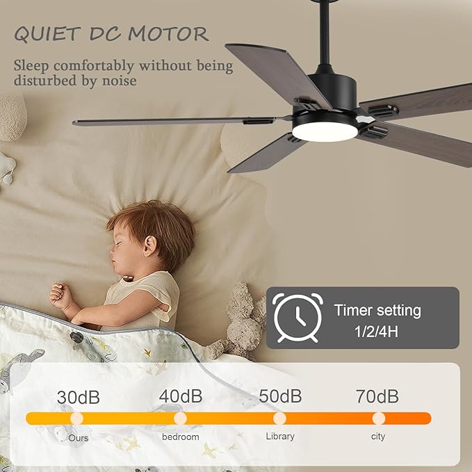 FUMLTP 52 inch Modern Ceiling Fans with Lights APP/Remote Control, Low Profile Reversible 6 Speeds Dimmable Ceiling Fan Light for Indoor/Outdoor Bedroom Living Room（Brown）