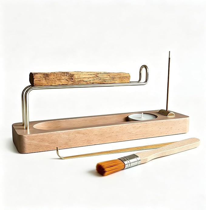 4 in 1 Incense Holder Suit with Wooden Base and Brass Holder, for Burning Palo Santo, Sage Sticks, Holy Wood, Multi-Functional with Ash Catcher and Tealight Candle Holder