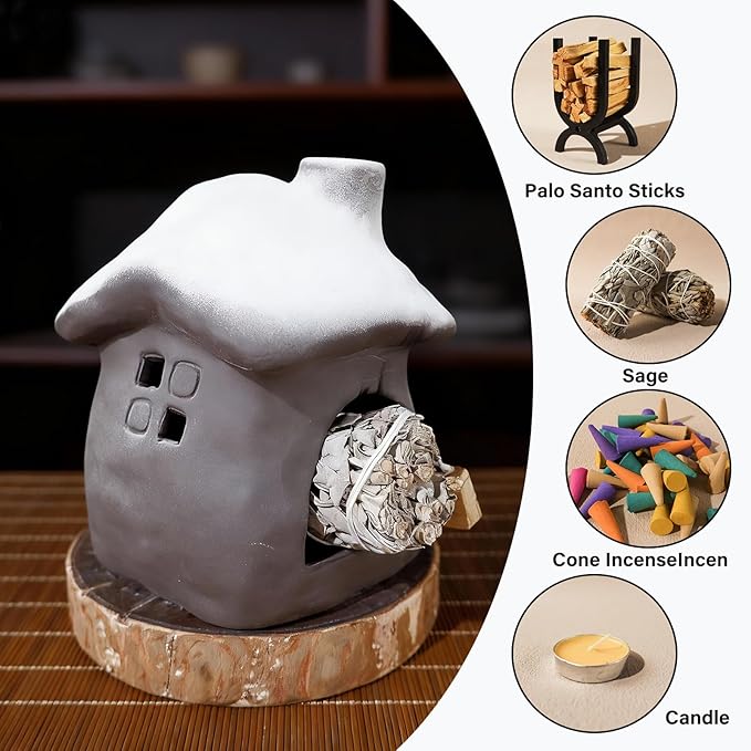 Mougigi Tall Snow-Roofed Ceramic Palo Santo Burner - Mini Chiminea Incense Holder with Stable Base, Ideal for Smudging Sage & Burning Incense Cones, Perfect for Meditation, Yoga, Altars, Home Decor