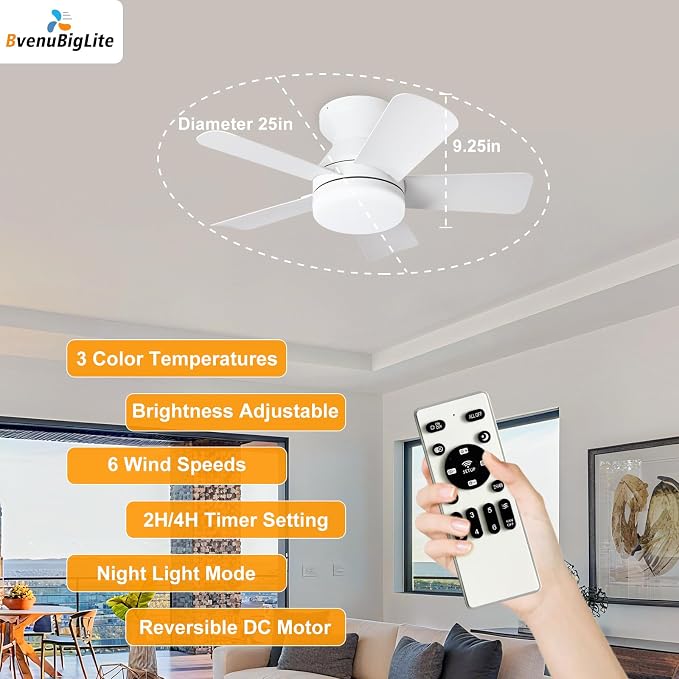 Ceiling fans with lights and Remote: 25 Inch Small Ceiling Fan with Light Low Profile - Flush Mount Bathroom Ceiling Fan Reversible 3CCT Dimmable Noiseless for Bedroom (White)