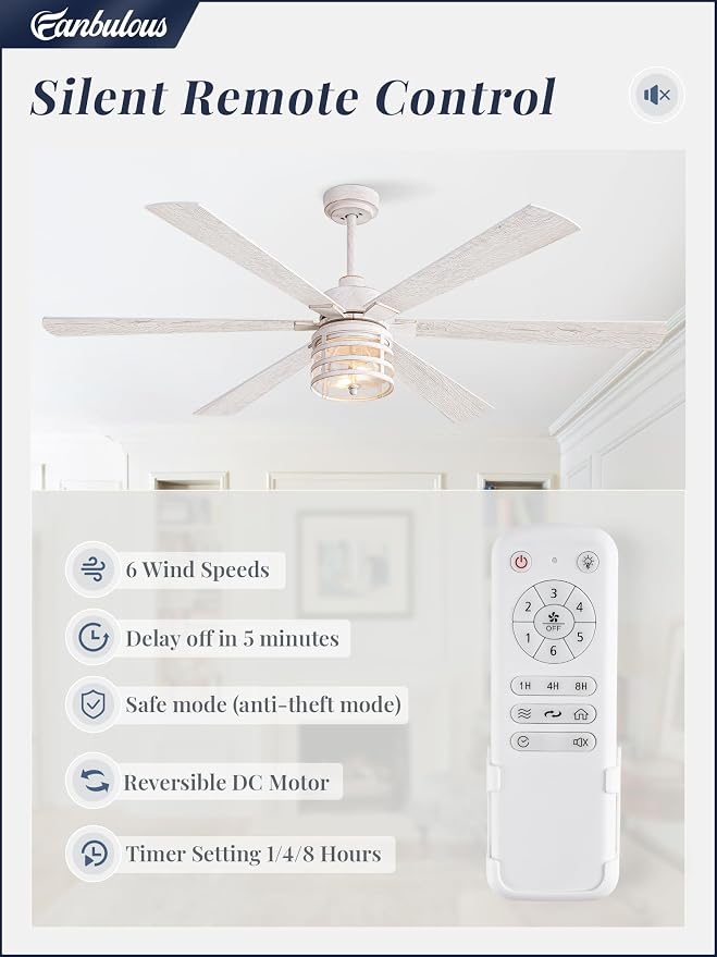 65 Inch Modern Ceiling Fans with Lights and Remote,Farmhouse Large Ceiling Fan with 6-Speed Reversible DC Motor and 6 Dual Finish Blades,White Ceiling Fan with Light for Living Bedroom Patio