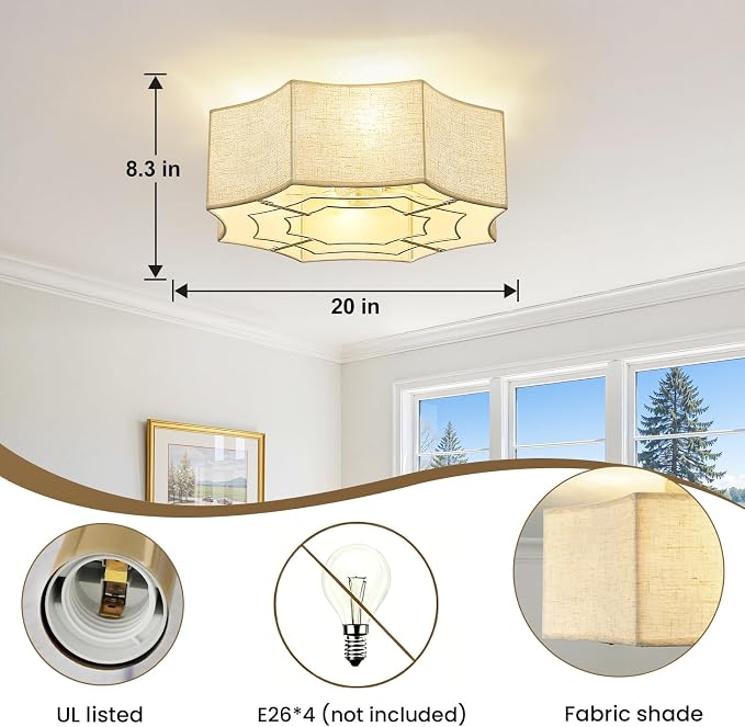RUIYEY Remote Ceiling Fans with Lights: 20" Caged Flush Mount Ceiling Fan with Fabric Shade, 7 Blades 6 Speeds DC Reversible E26 4 Light Modern Low Profile Fandelier for Bedroom Kitchen Nursery