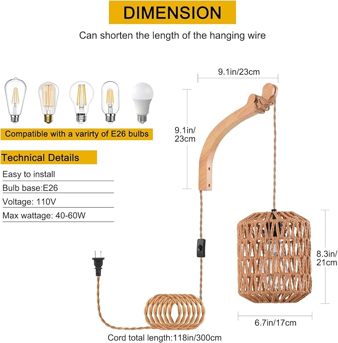 Plug in Wall Sconce,Farmhouse Wicker Wall Lamp Plug in,Hand Woven Rattan Wall Light Farmhouse Rustic Boho Sconces Wall Lighting for Living Room Bedroom