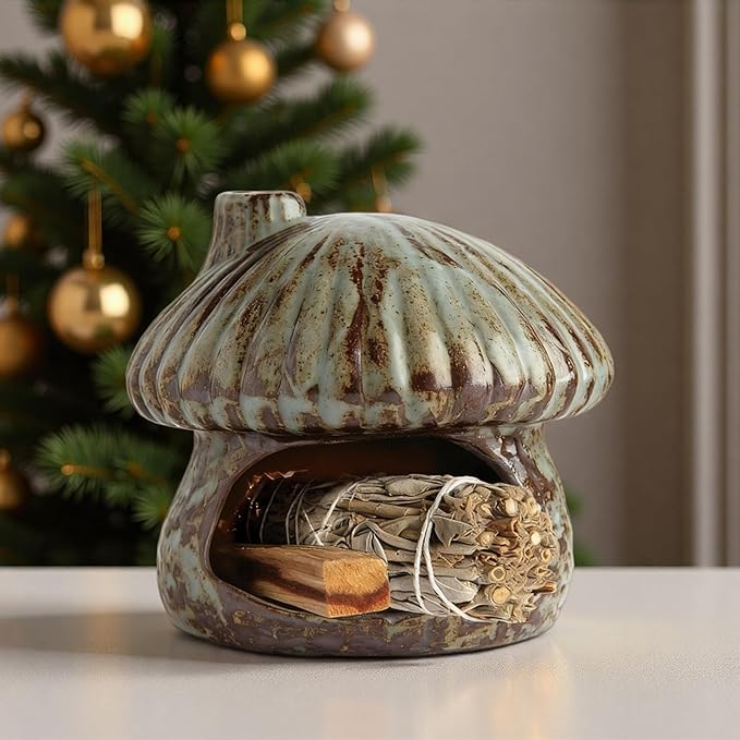 Palo Santo Holder Mushroom Shape, Ceramic Sage Holder for Burning Palo Santo Burner for Meditation, Yoga and Relaxation(Green)