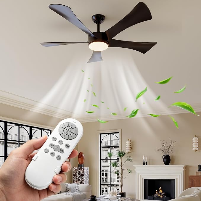 42/52 Inch Black DC Ceiling Fan with Light, 6-Speed Reversible Fan with Remote Control, 24W Dimmable 3-Color LED Light, ABS Blades & 15CM Downrod, Quiet Flush Mount Ceiling Fan Light for Bedroom,Patio