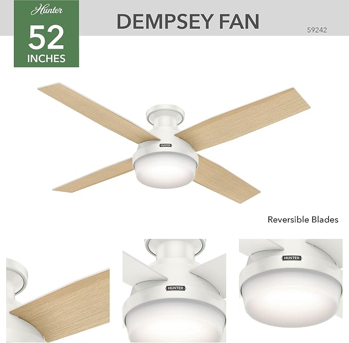 Hunter 52 inch Indoor Ceiling Fan with LED Light and Remote Control - White Modern Ceiling Fan, Low Profile Mount, 4 Blades, For Bedroom, Living Room, or Kitchen, Quiet - Dempsey 59242, Fresh White | with LED Light and Remote Control, Low Profile Mount...