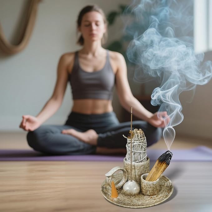 MOUGIGI 5.1Inch 5-in-1 Ceramic Smudge Bowl Brown - Incense Stick Holder, Small Candle Holder, Smudge Bowl/Dish, Fits Palo Santo, Sage.Zen Altar for Meditation/Yoga, Aromatic Scents, Easy to Clean