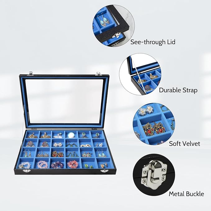 Stratalife 24 Grid Earring Organizer, Jewelry Holder Organizer with Lid | PU Leather Storage Box for Earring, Ring, Studs and Trinkets, Soft Velvet Drawer Organizer for Women, Dustproof, Blue Black