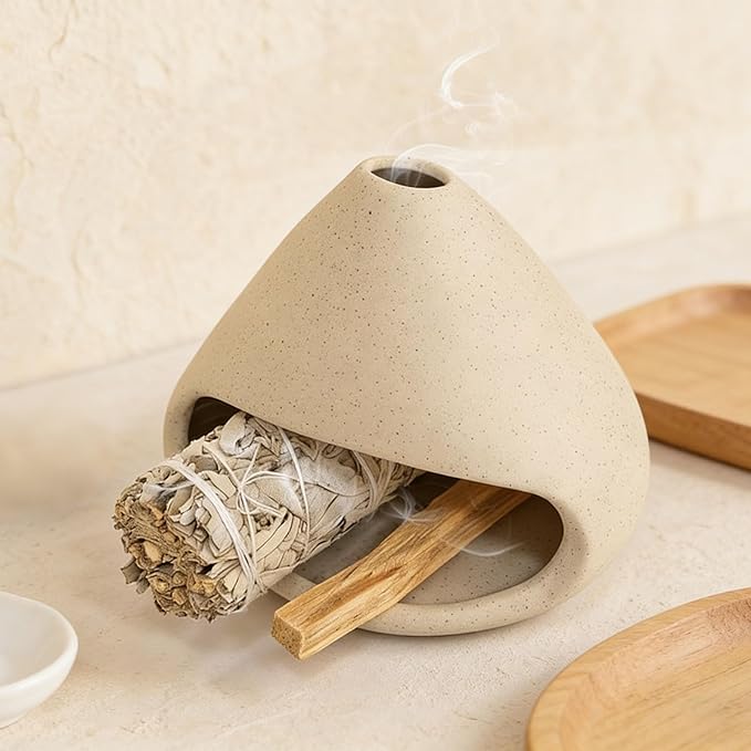 Ceramic Sage Smudge Burner with Ash Catcher – Handmade 4-in-1 Palo Santo & Incense Holder for Meditation, Yoga & Home Decor