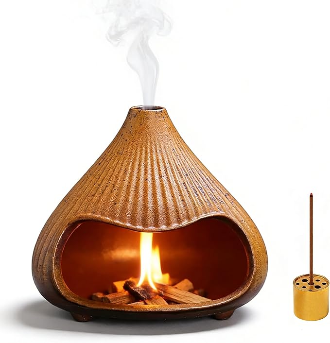 Ceramic Incense Holder, Mini Palo Santo Burner Chimney for Palo Santo Sticks, Cone Incense and Sage Smudging, Handmade Cone Incense Holder Burner for Yoga, Meditation, and Energy Cleansing (Brown 02)