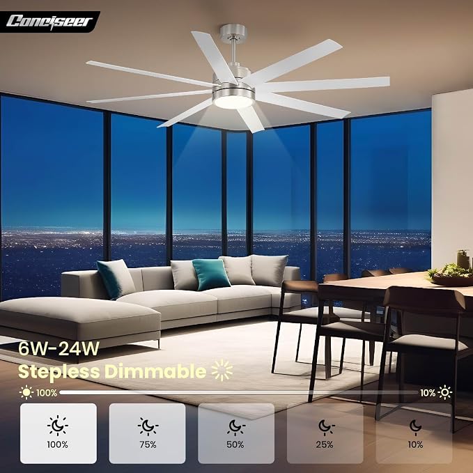 Conciseer 72 Inch Ceiling Fans with Lights and Remote for Bedroom Living Room Kitchen Library Cafe Outdoor/Industrial Use, 3CCT Dimmable, 8 Blades 6 Speed Reversible Quiet DC Motor, Sand-nickel/White