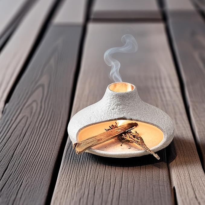 Holder Incense Burner-Mini Ceramic Fireplace,Handmade Smudge,with Chimney,for Sage,Palo Santo,Aromatic Ash Tray for Home Decor, Anxiety Relief & Valentine's Day Meditation Gifts for Women (Off-White)