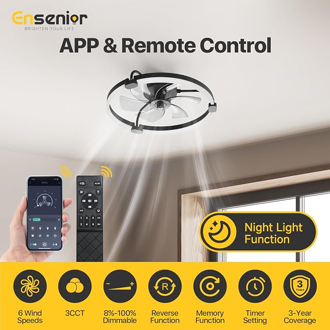 Ensenior Ceiling Fans with Lights and Remote, 20'' Low Profile Ceiling Fan Flush Mount, APP Control, 6 Speed, 3CCT, Quiet Reversible DC Motor, Dimmable Modern Ceiling Fan with Light for Bedroom, Black