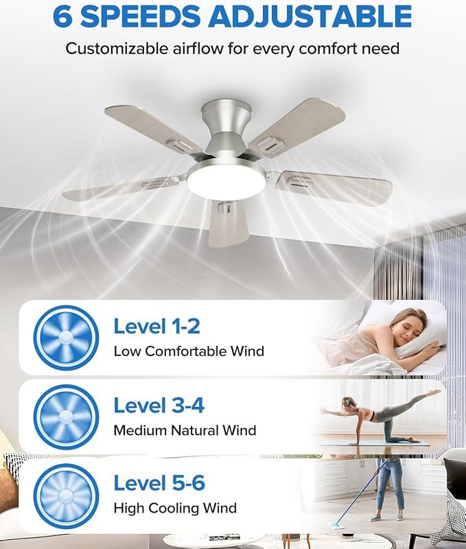 UME 42" Ceiling Fan with Lights & Remote, 6 Blades Low Profile Ceiling Fan, Quiet DC Motor, Natural Wind, 6 Speeds, 3CCT Dimmable 20W LED Modern Ceiling Fan for Bedroom, Living Room, Nickel