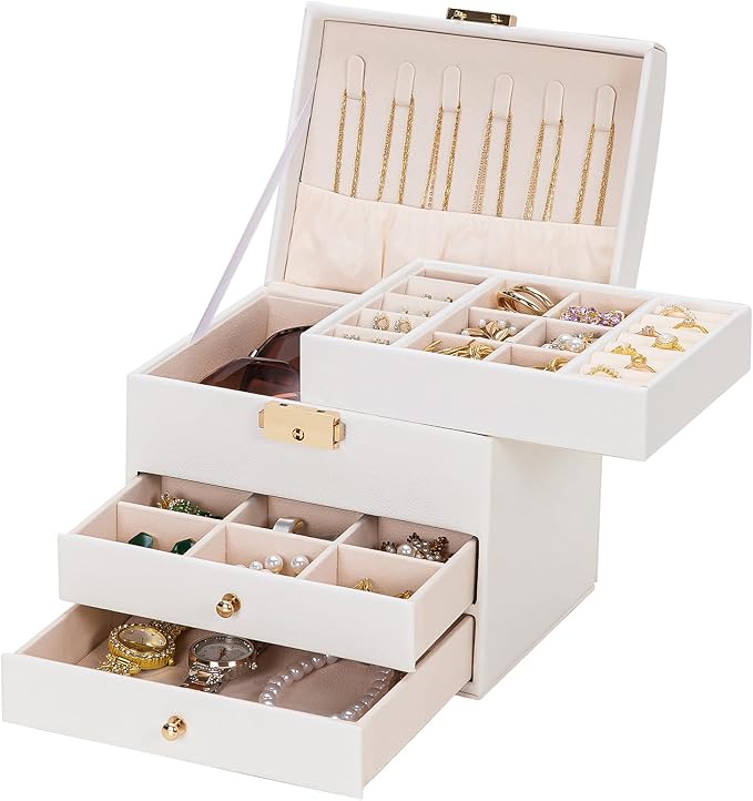 Homde Small Jewelry Box for Girls: 3-Layer Lockable Organizer (Cloud White) | Removable Tray&Dividers for Flexible Storage - Sort Earrings&Rings&Necklaces for Beginners - Birthday Gift for Teens
