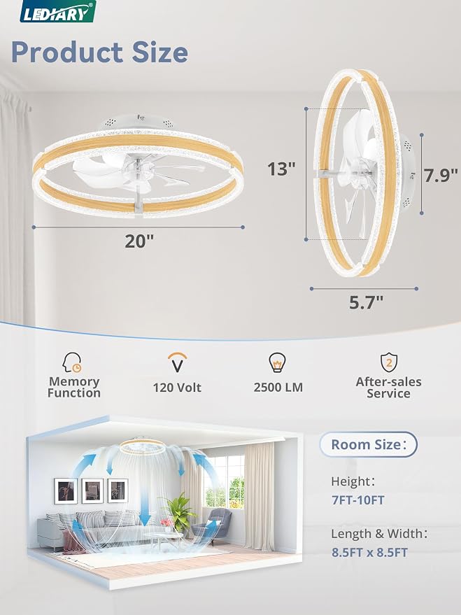 LEDIARY Ceiling Fans with Lights and Remote, 20'' Low Profile Ceiling Fan with Light, 3000-6000K Dimmable Fandelier Ceiling Fans, Modern Flush Mount Fan Light for Bedroom with 6 Wind Speeds-Wood Grain