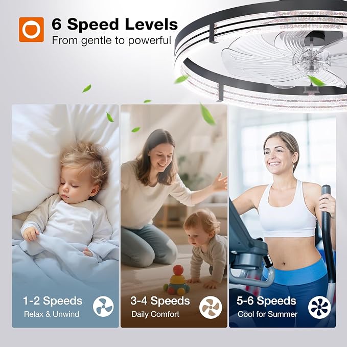 addlon Ceiling Fans with Lights and Remote, 24'' Low Profile Ceiling Fans, 3000-6000K Dimmable Modern Flush Mount LED Fan Light, Fandelier Ceiling Fan for Bedroom, Kitchen, Living Room, Black