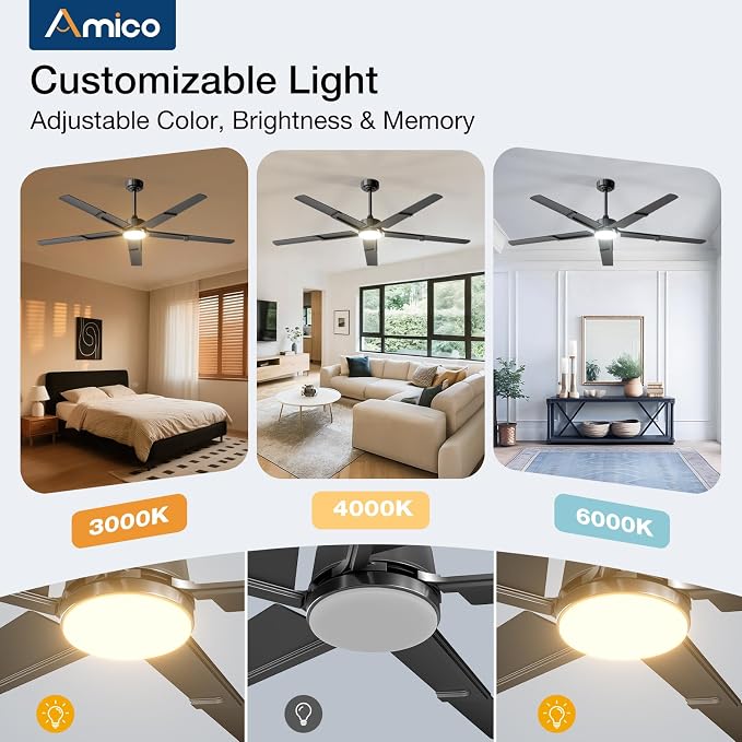 Amico 62 Inch Ceiling Fans with Lights and Remote, Black Indoor/Outdoor Ceiling Fan with 6 Speed, Reversible DC Motor, 3CCT, Dimmable, Noiseless modern ceiling fan for Bedroom, Living Room, Patio