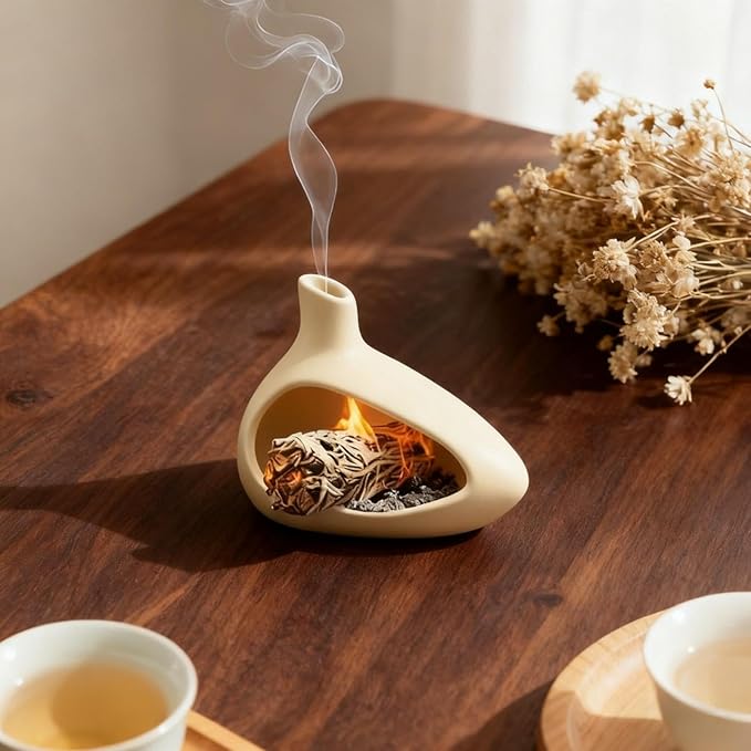 Palo Santo Holder, Ceramic Incense Burner for Sticks Sage Holders Cone Burning Smudge Bowl with Ash Brush for Meditation Yoga Spa Room Decor (Yellow)