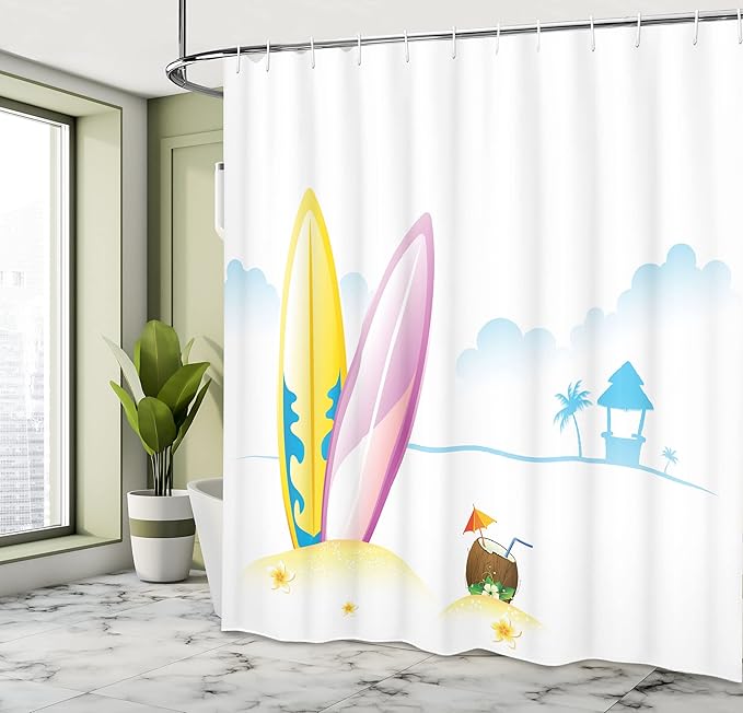 Ambesonne Surfboard Shower Curtain, Illustration of Surfing Board with Tender Coconut on Sea Beach Bungalow Horizon, Cloth Fabric Bathroom Decor Set with Hooks, 69" W x 75" L, Aqua Yellow