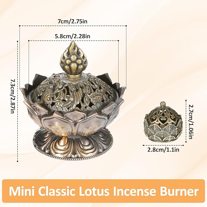 2 Pcs Small Vintage Lotus Flower Incense Holder 2.9'' x2.7'' and 1.1'' x 1'' Super Mini Classic Lotus Incense Burner with Lid Elegant Desktop Ornament for Home Office Yoga Spa Teahouse(2 Size)