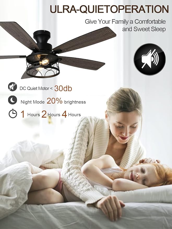 52 Inch Flush Mount Farmhouse Ceiling Fan with Lights and Remote | Rustic Fandelier Black Metal Caged Chandelier Fan, 5 Dual Blades, Reversible Quiet DC Motor 6 Speed, for Bedroom Living Room