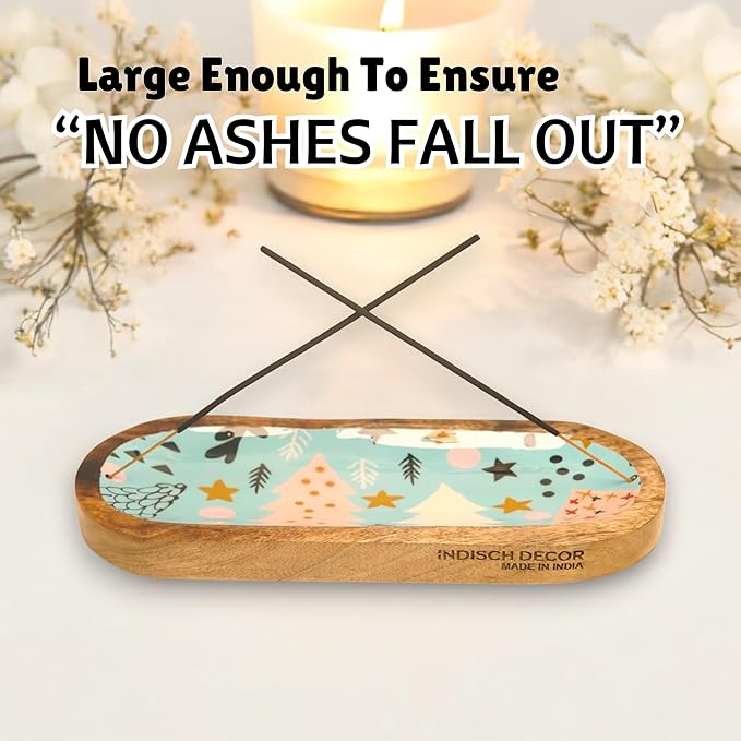 Rustic Wooden Incense Burner Holder - Handcrafted Mango Wood Insence Tray, Incense Burner/Incense Holder/Ash Catcher 12" Heat Resistant - Perfect for Meditation, Yoga & Aromatherapy (Blue & Brown)