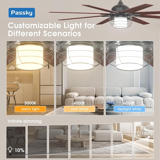 Passky Ceiling Fans with Lights, 66 inch Black Ceiling fan with Light and Remote Control, Reversible, Dimmable, 3CCT, Quiet, Caged Ceiling Fan for Farmhouse, Bedroom, Living Room, Indoor/Outdoor Use