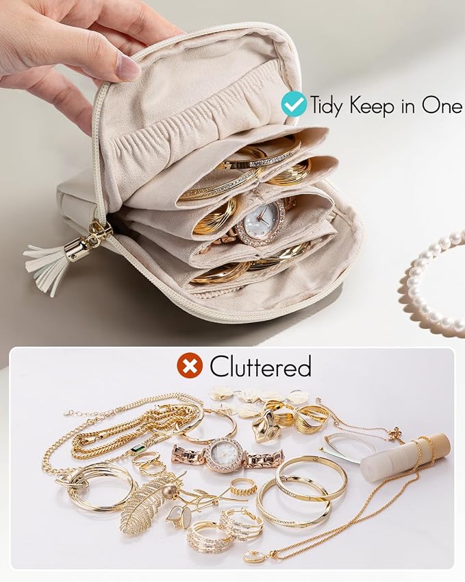 VLANDO Small Travel Jewelry Case,Gifts for Women,Jewelry Pouch Bags with Zipper,Velvet Jewelry Organizer Storage Bag for Bracelet Rings Earring-Cream White