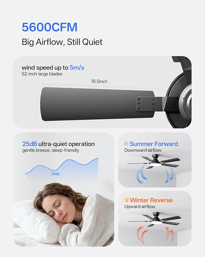 Homelist Ceiling Fans with Lights 52 Inch, Low Profile Flush Mount Fan, Quiet 6 Speeds DC Reversible Motor, 3CCT Dimmable LED, Remote Control for Living Room, Bedroom, Kids Room, Matte Black